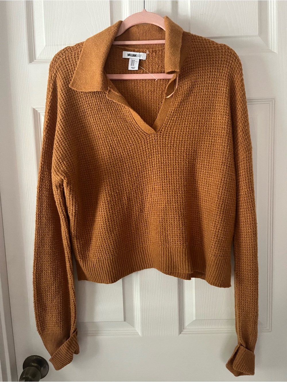 William Rast Women's XL Collared Waffle Knit Sweater, Mustard/Rust